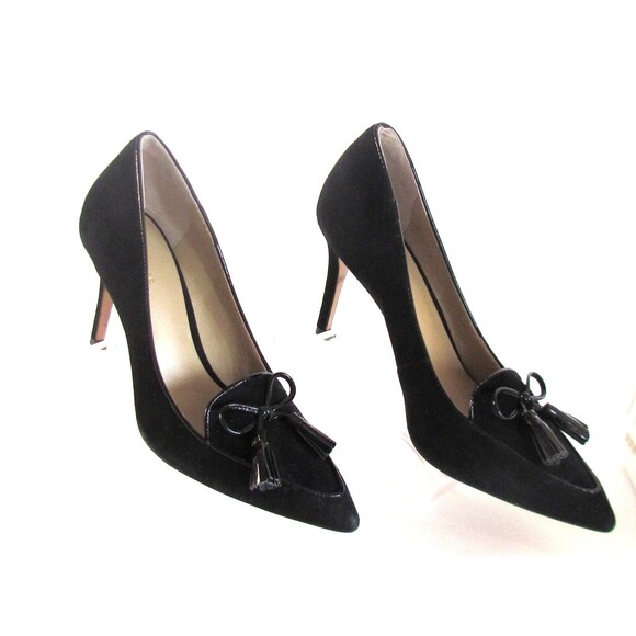DESIGNER ANN TAYLOR BLACK PATENT TRIM POINTED TOE TASSEL BOW HIGH HEEL PUMPS 8.5 - Picture 1 of 16